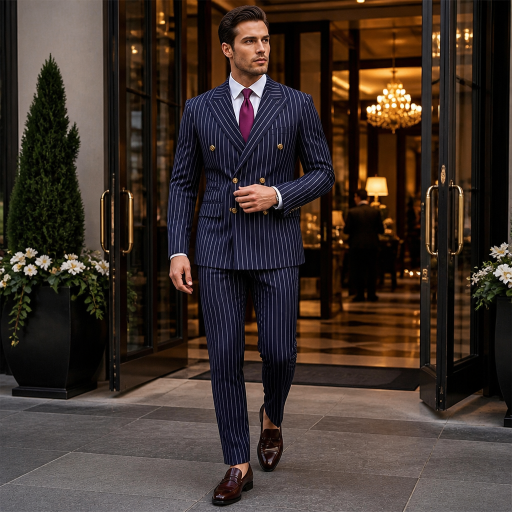Voltura – Pinstripe Double-Breasted Suit with Peaked Lapels - Souliia