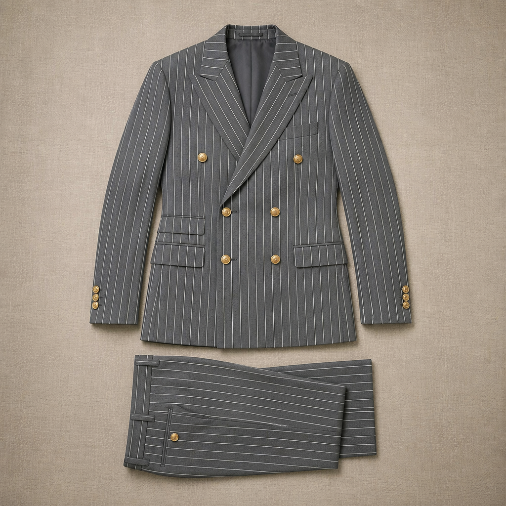 Voltura – Pinstripe Double-Breasted Suit with Peaked Lapels - Souliia