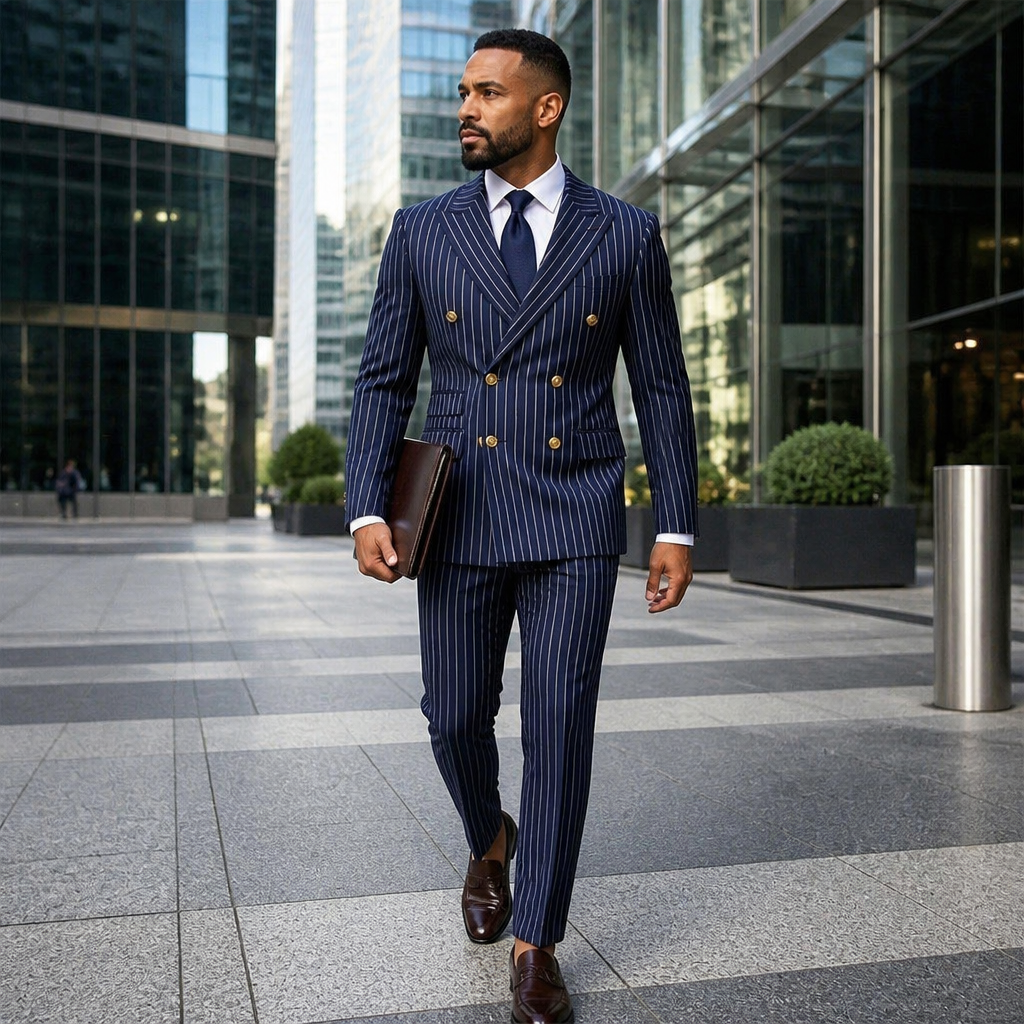 Voltura – Pinstripe Double-Breasted Suit with Peaked Lapels - Souliia