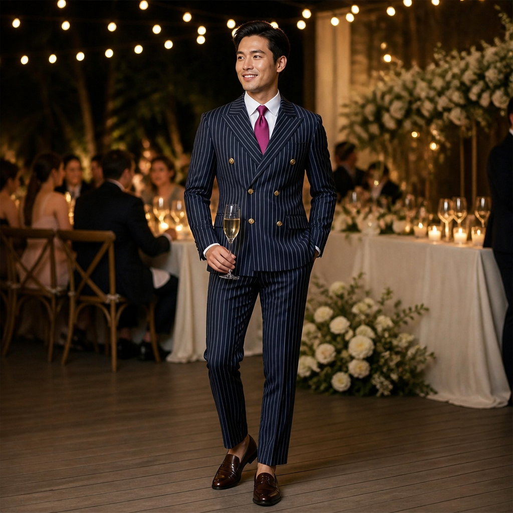 Voltura – Pinstripe Double-Breasted Suit with Peaked Lapels - Souliia