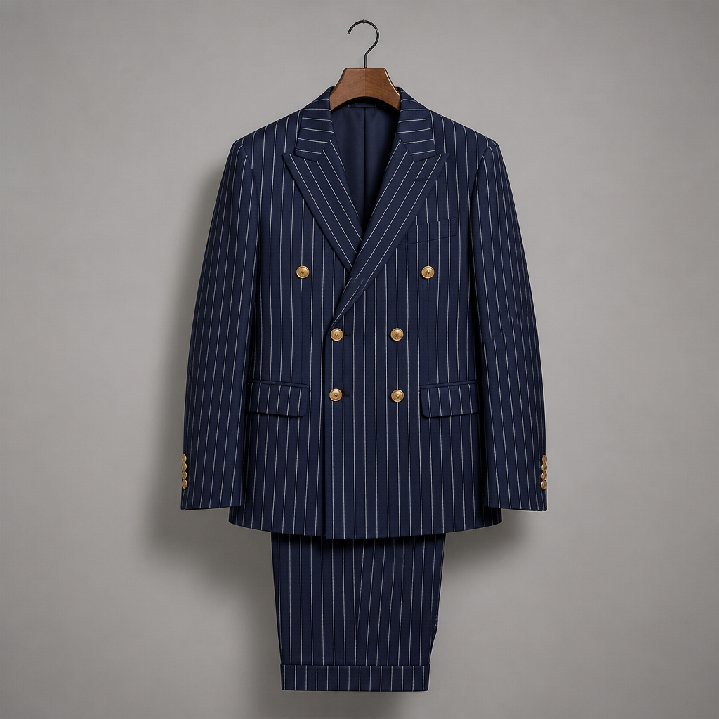 Voltura – Pinstripe Double-Breasted Suit with Peaked Lapels - Souliia