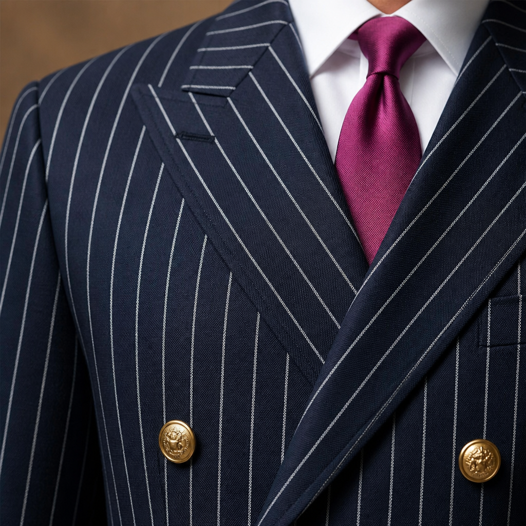 Voltura – Pinstripe Double-Breasted Suit with Peaked Lapels - Souliia