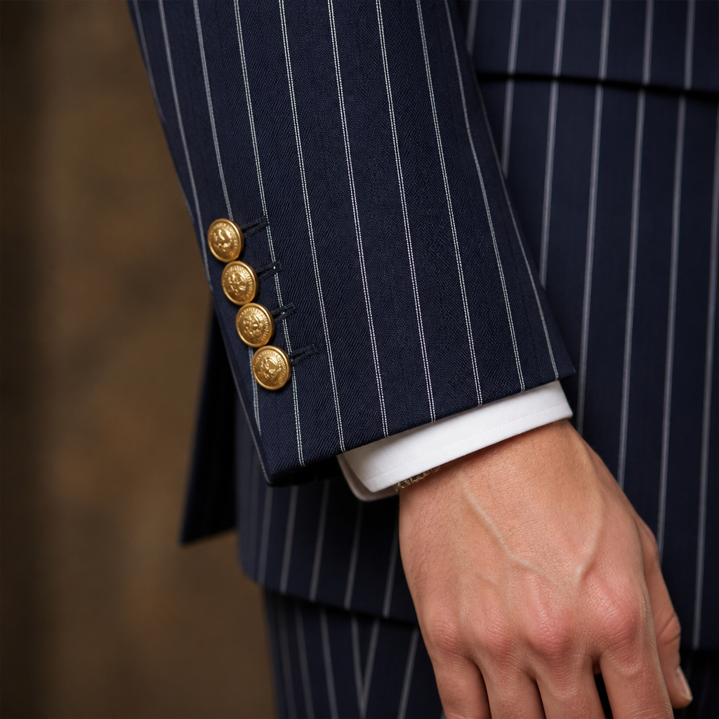Voltura – Pinstripe Double-Breasted Suit with Peaked Lapels - Souliia
