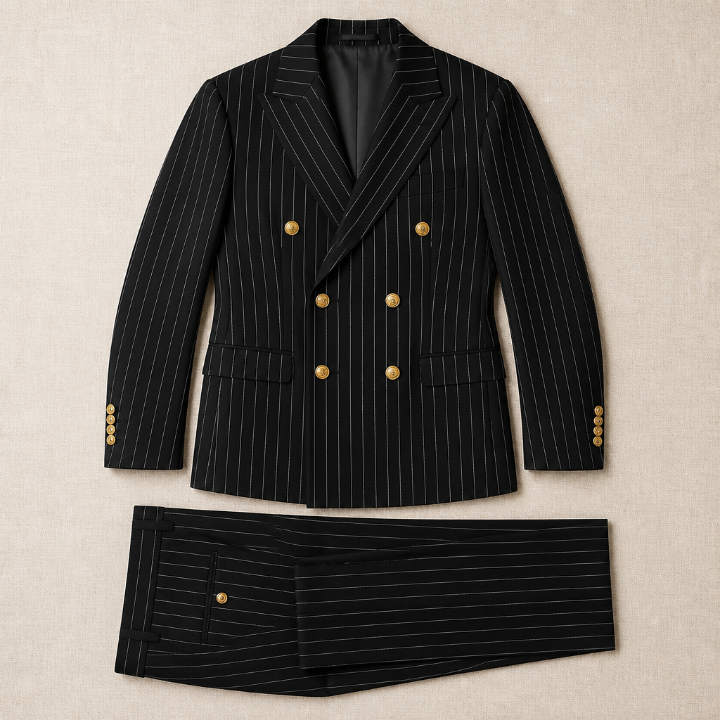 Voltura – Pinstripe Double-Breasted Suit with Peaked Lapels - Souliia