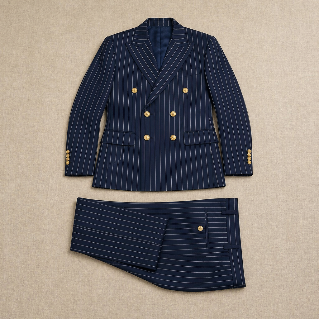 Voltura – Pinstripe Double-Breasted Suit with Peaked Lapels - Souliia