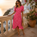 SeraphineAura – Ditsy Floral Wrap Midi Dress with Ruched Tulip Hem - Souliia