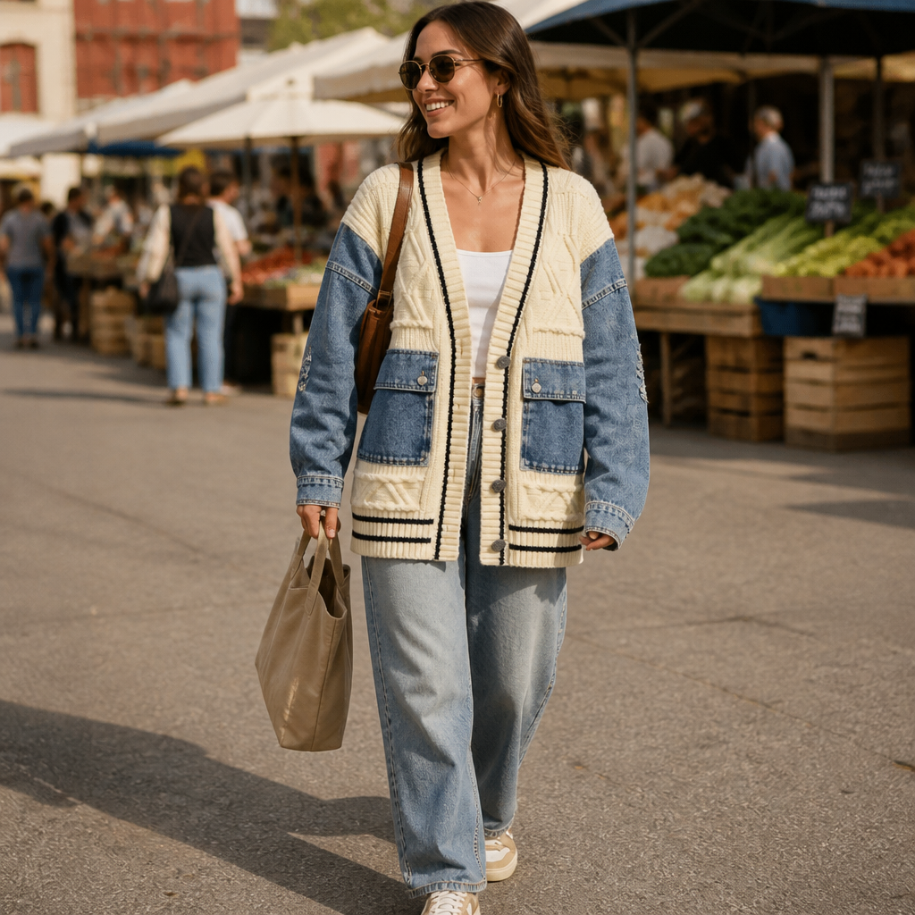 Vintora – Oversized Cable Knit Cardigan with Denim Patchwork Sleeves - Souliia