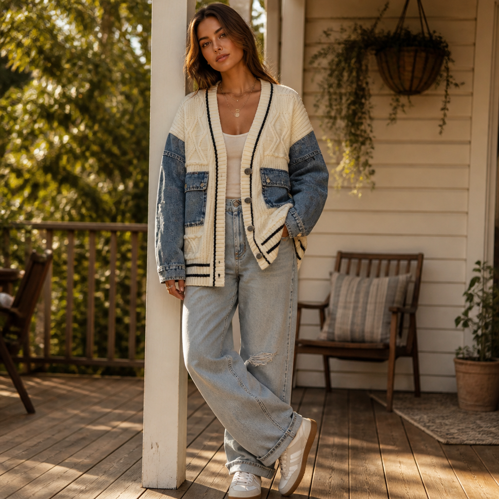Vintora – Oversized Cable Knit Cardigan with Denim Patchwork Sleeves - Souliia