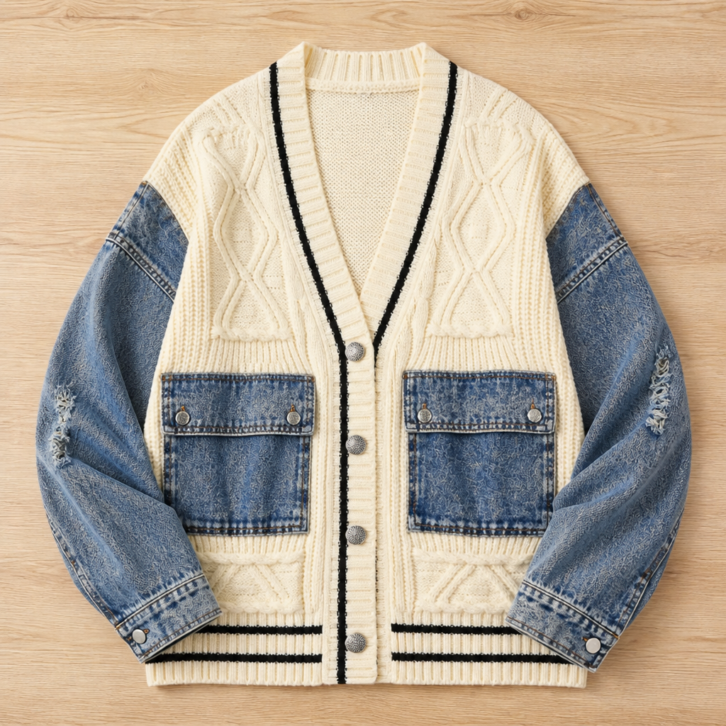 Vintora – Oversized Cable Knit Cardigan with Denim Patchwork Sleeves - Souliia