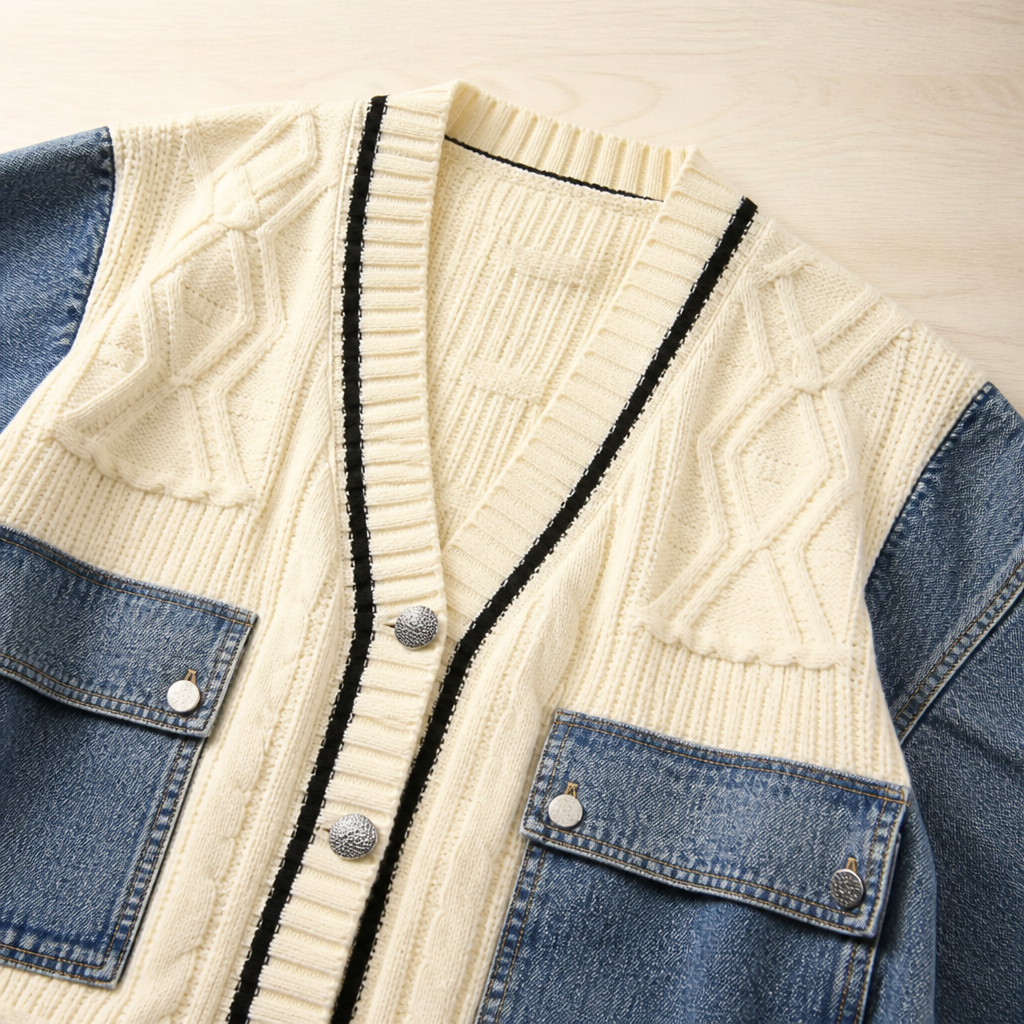 Vintora – Oversized Cable Knit Cardigan with Denim Patchwork Sleeves - Souliia