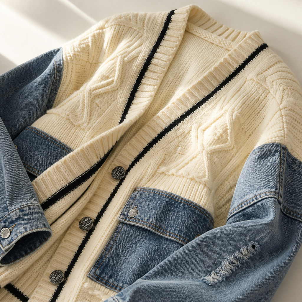 Vintora – Oversized Cable Knit Cardigan with Denim Patchwork Sleeves - Souliia