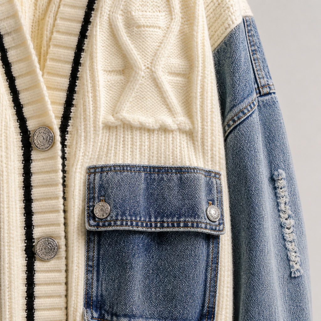 Vintora – Oversized Cable Knit Cardigan with Denim Patchwork Sleeves - Souliia