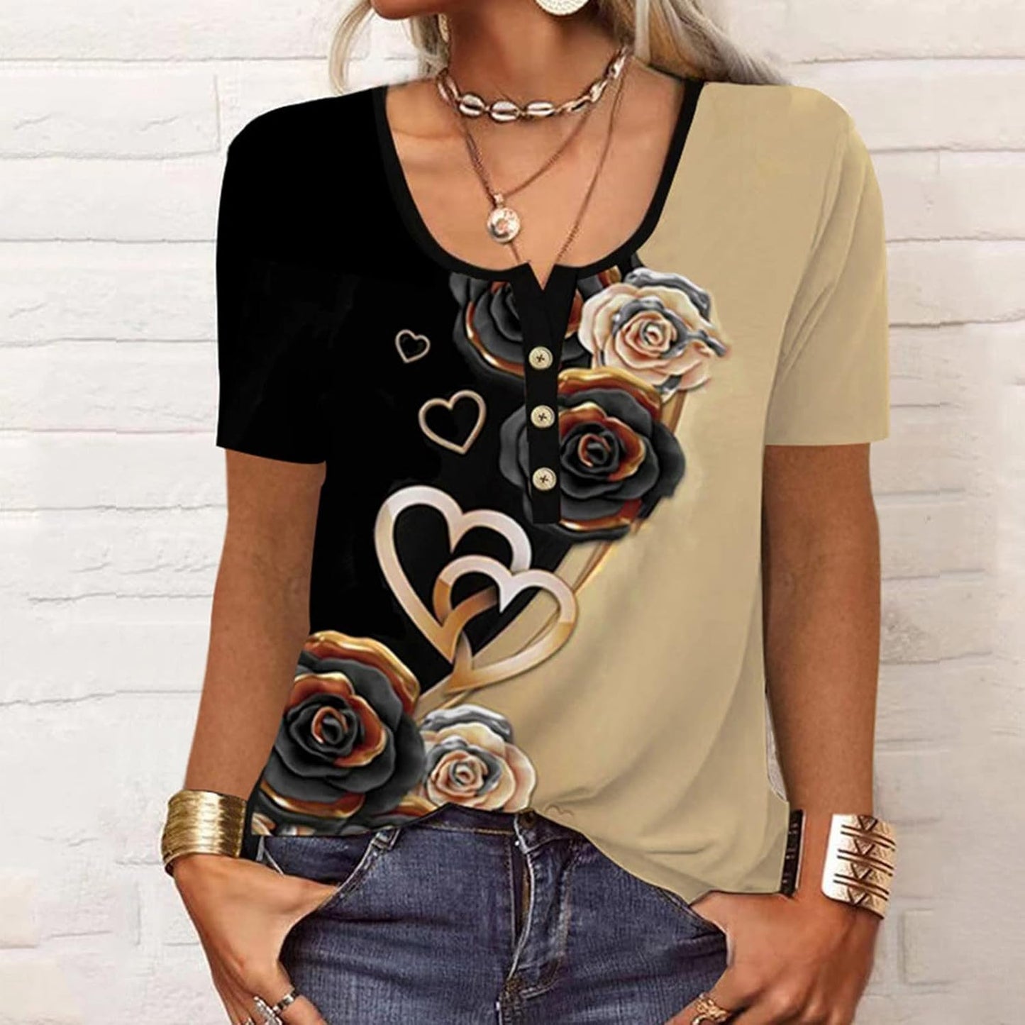 T-shirt Imprimé | Encolure Boutonnée