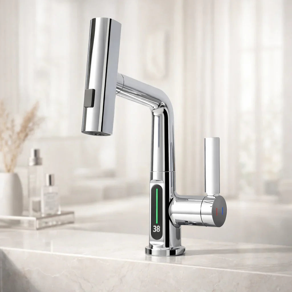 Retractable Kitchen Faucet with LED Light and 5 Spray Options - Souliia