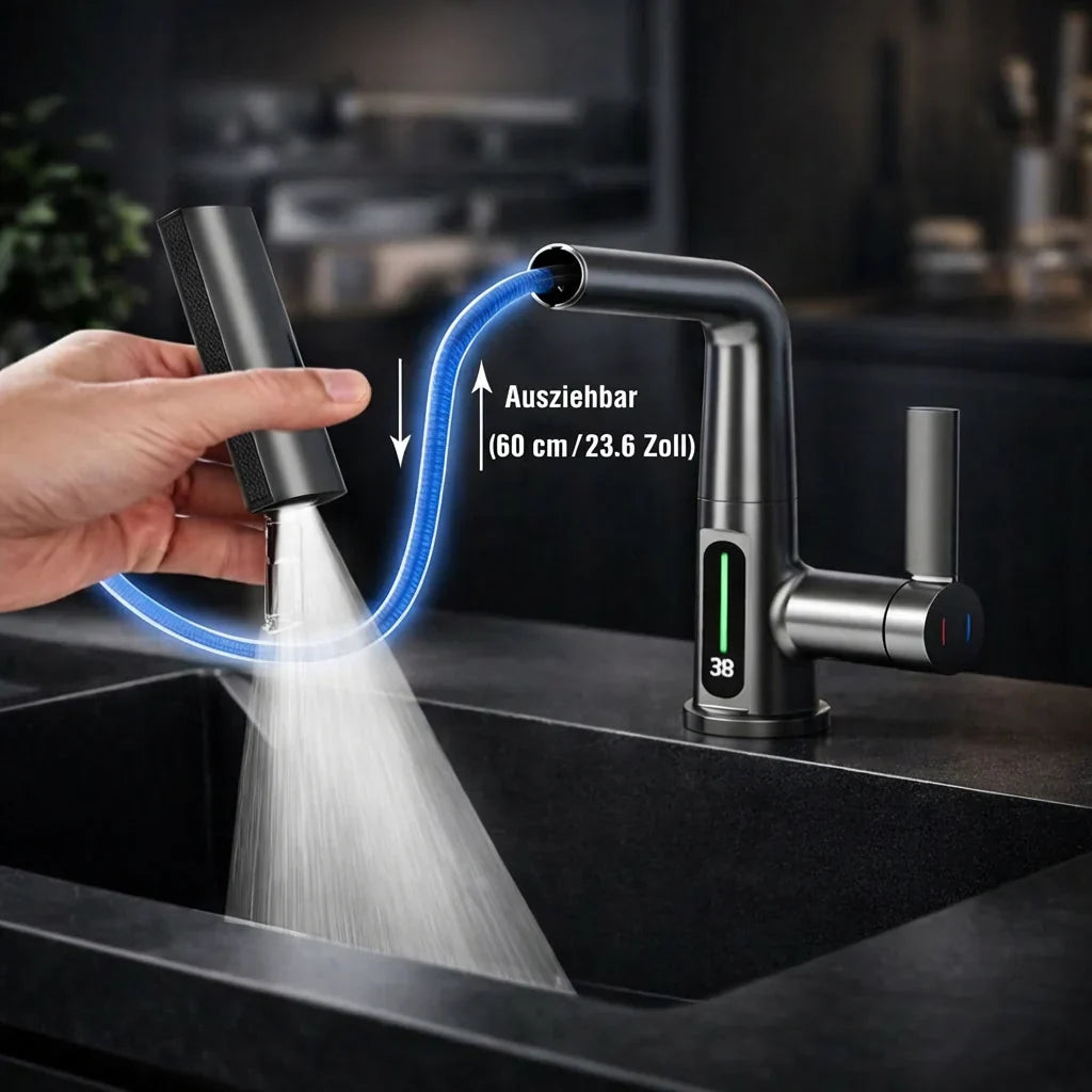 Retractable Kitchen Faucet with LED Light and 5 Spray Options - Souliia