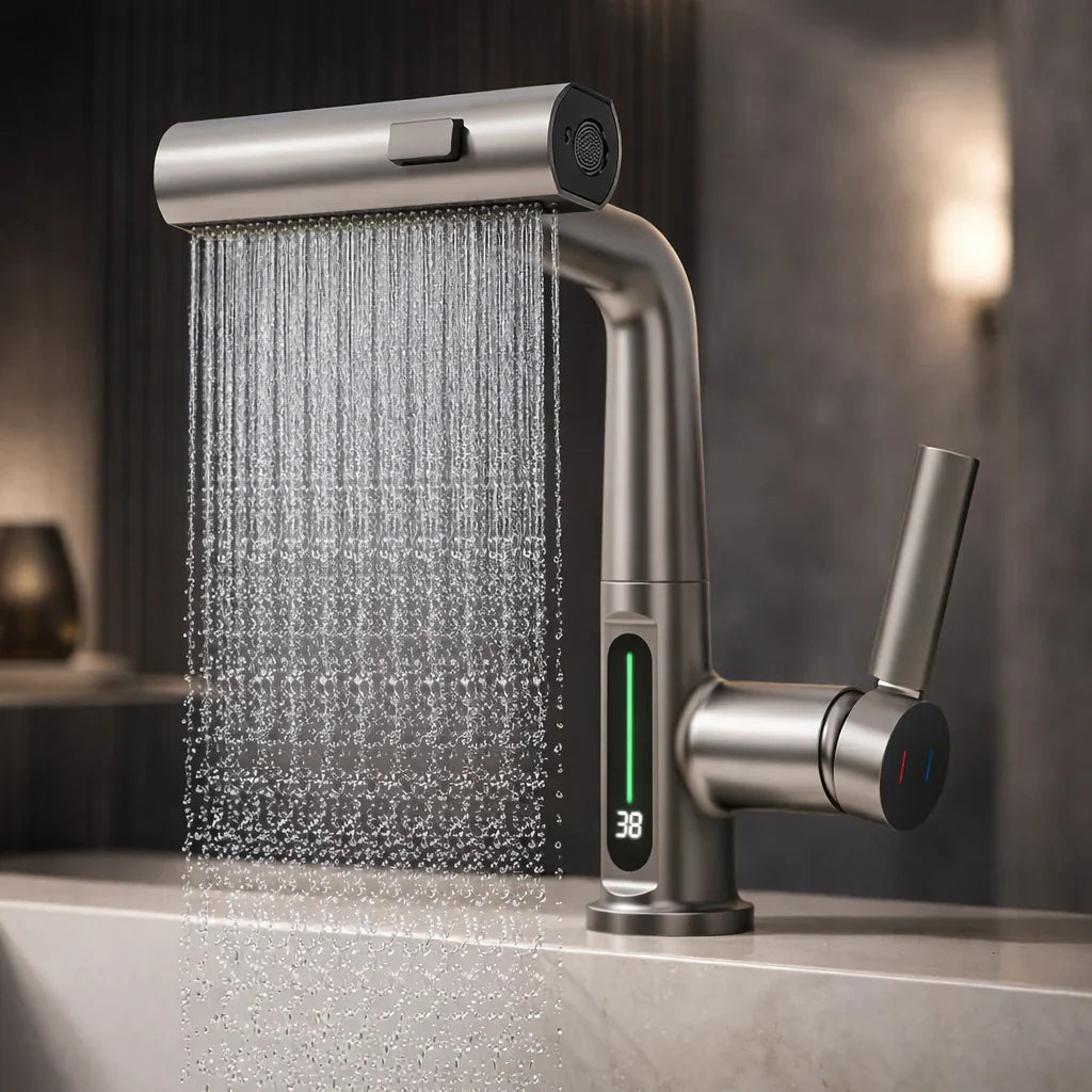 Retractable Kitchen Faucet with LED Light and 5 Spray Options - Souliia