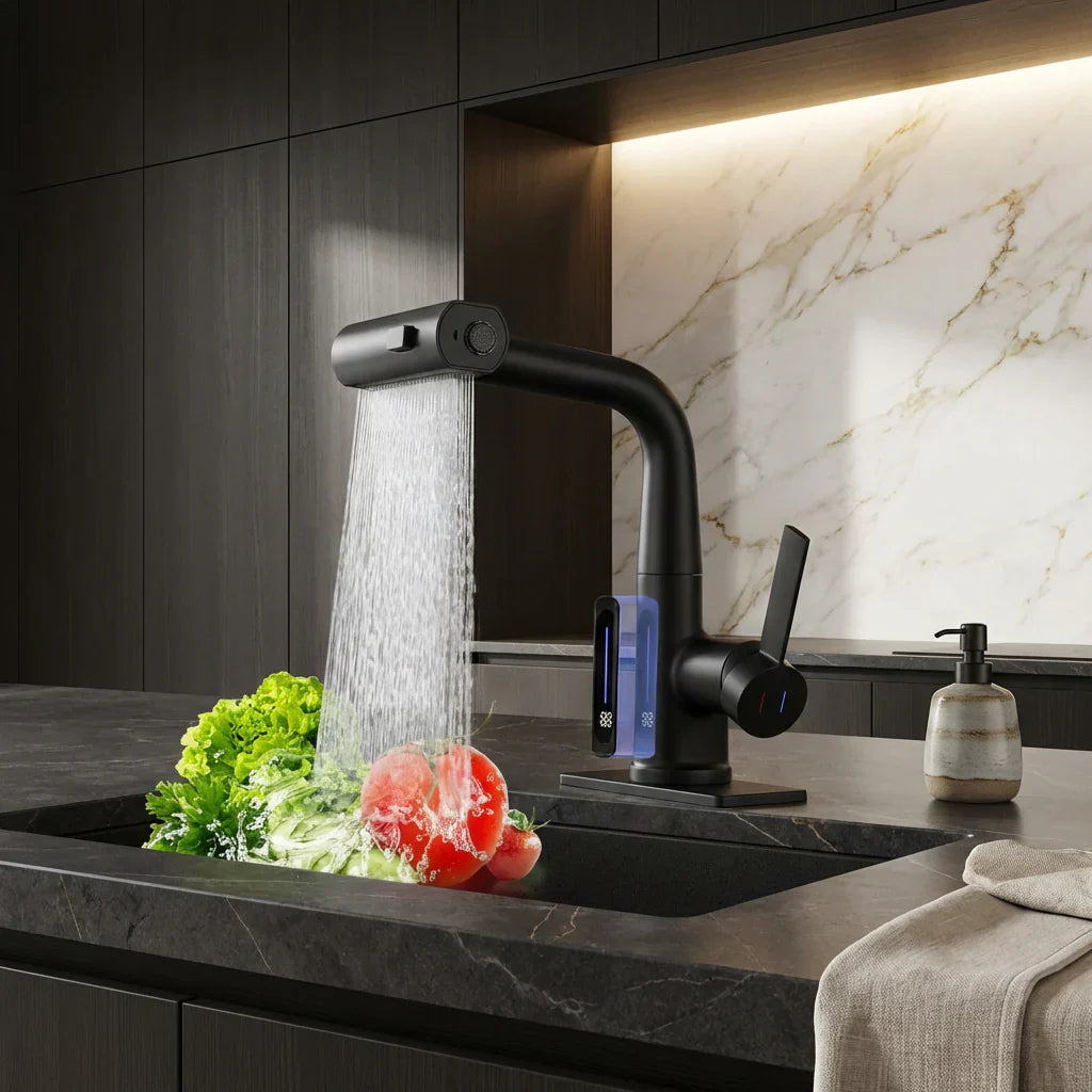 Retractable Kitchen Faucet with LED Light and 5 Spray Options - Souliia
