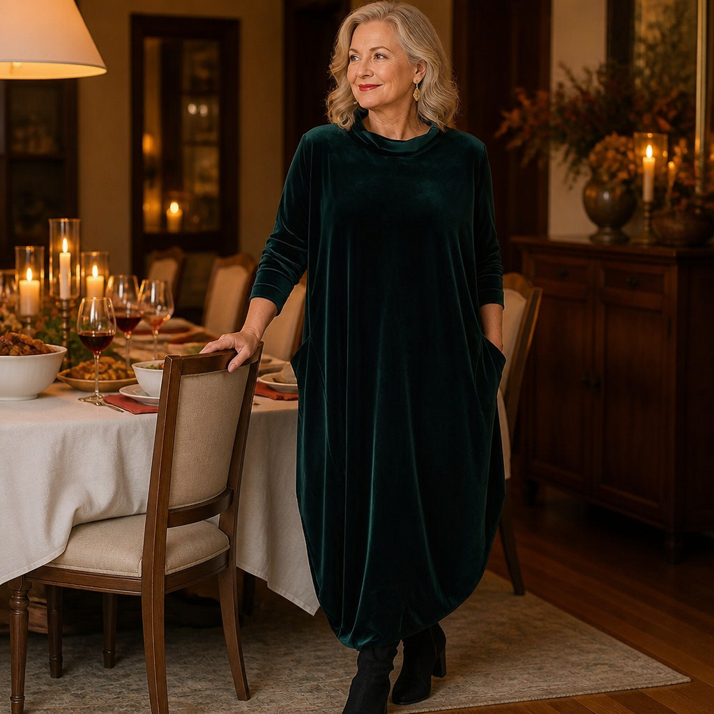 VioraForm – Velvet Mock-Neck Cocoon Maxi Dress with Side Pockets - Souliia
