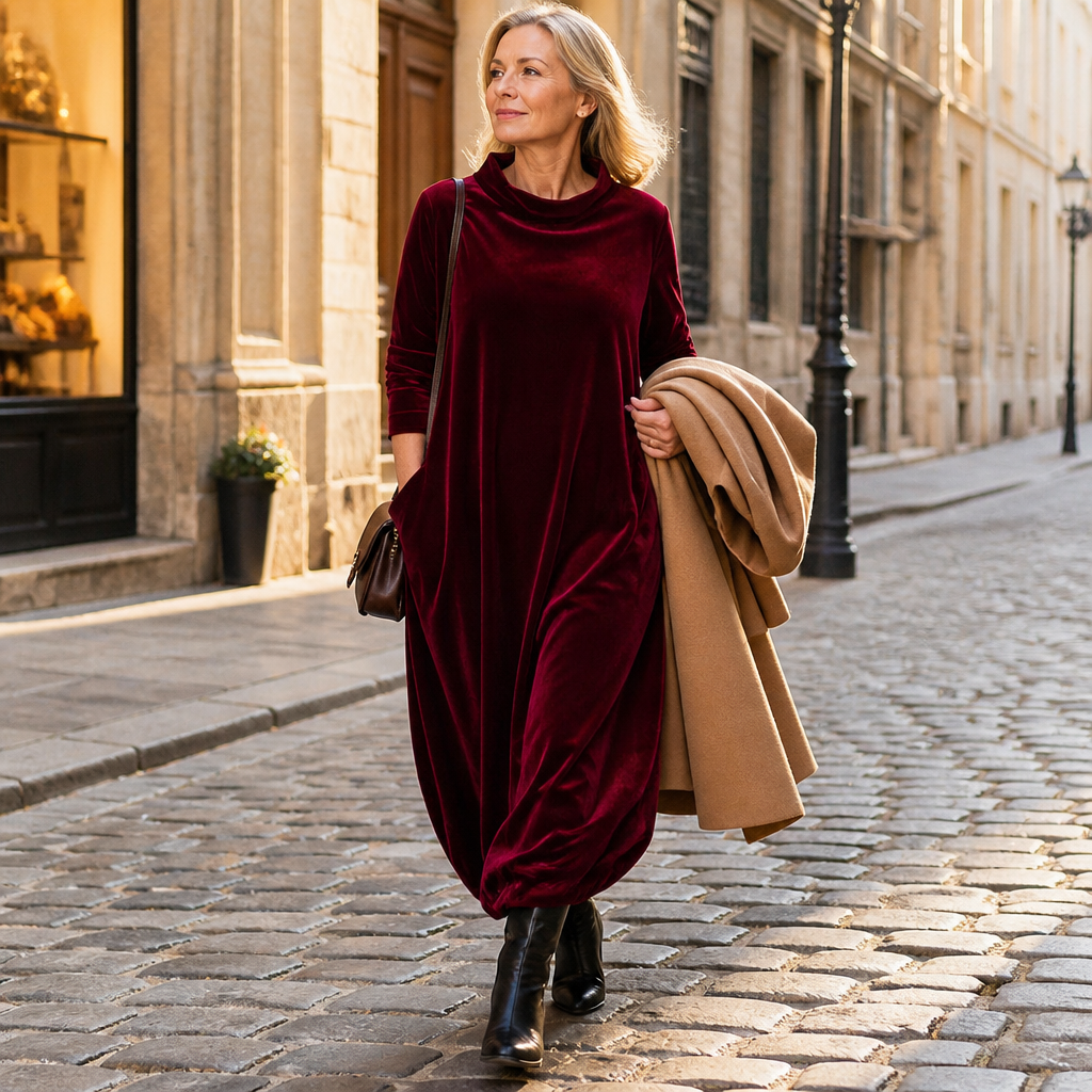 VioraForm – Velvet Mock-Neck Cocoon Maxi Dress with Side Pockets - Souliia