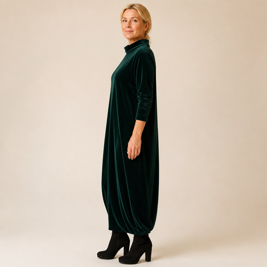 VioraForm – Velvet Mock-Neck Cocoon Maxi Dress with Side Pockets - Souliia