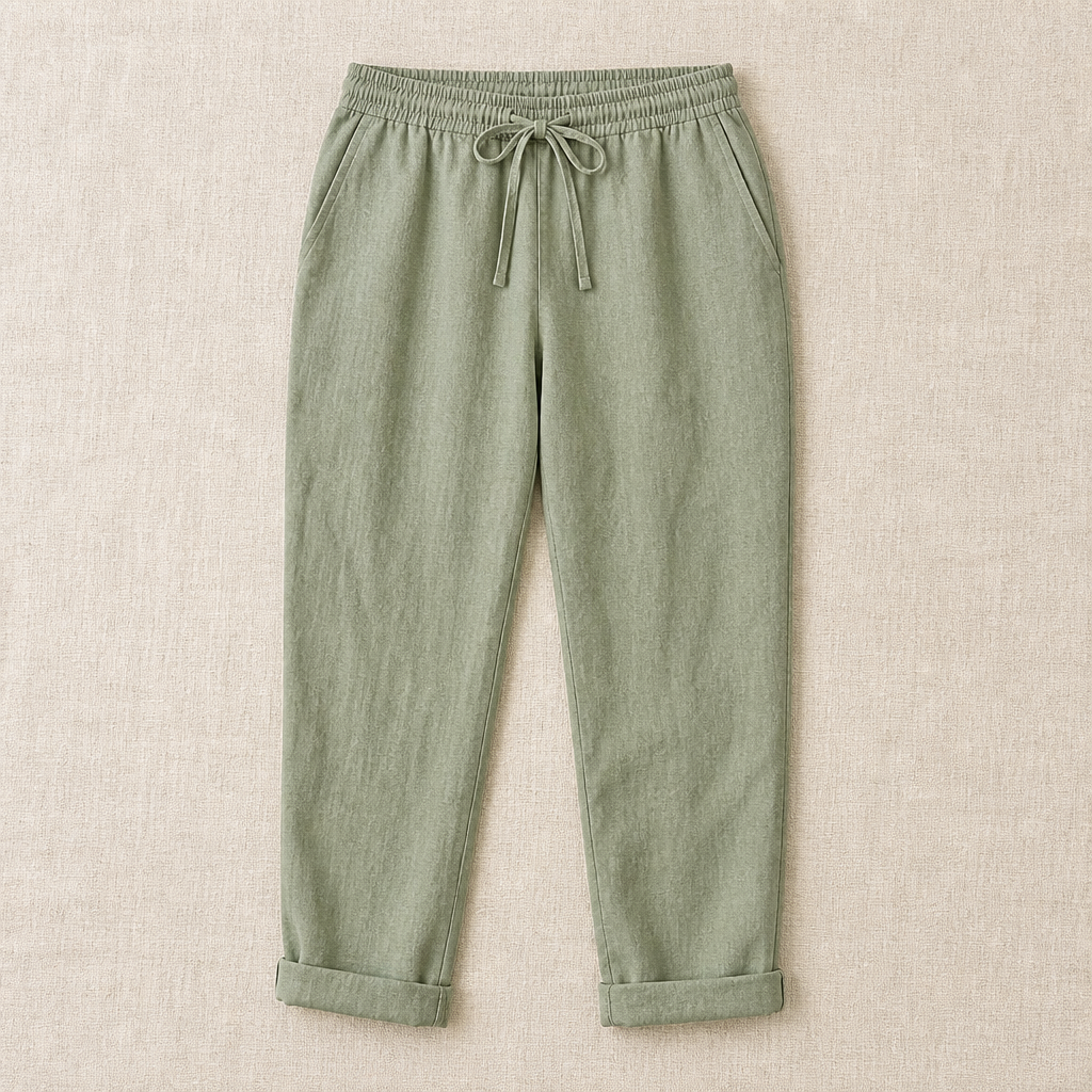 VelouraFlex – Breezy Cotton-Linen Drawstring Pants with Tapered Cuffed Hem - Souliia