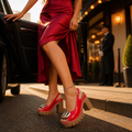 VivaStride – Patent Peep-Toe Block Heel Sandals with Statement Gold Buckle - Souliia