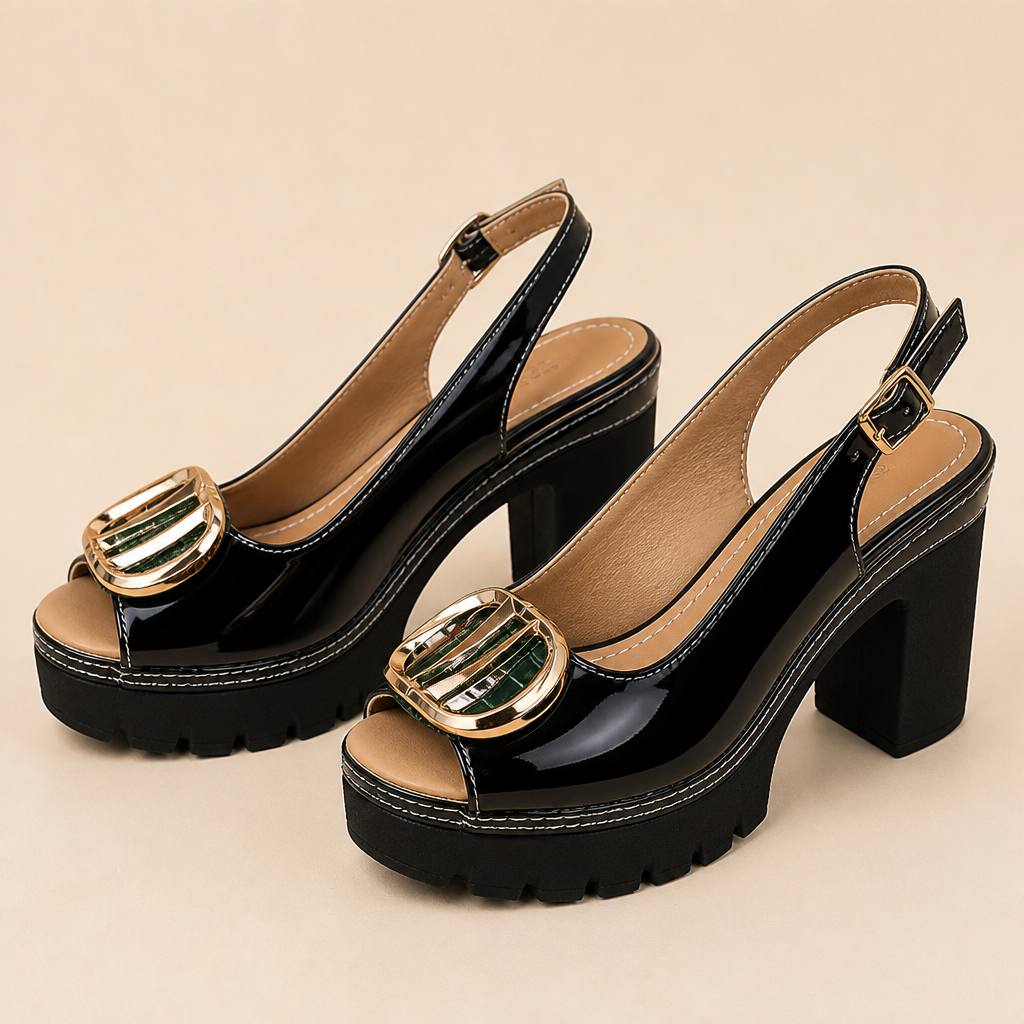 VivaStride – Patent Peep-Toe Block Heel Sandals with Statement Gold Buckle - Souliia