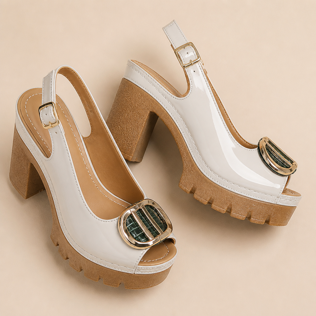 VivaStride – Patent Peep-Toe Block Heel Sandals with Statement Gold Buckle - Souliia