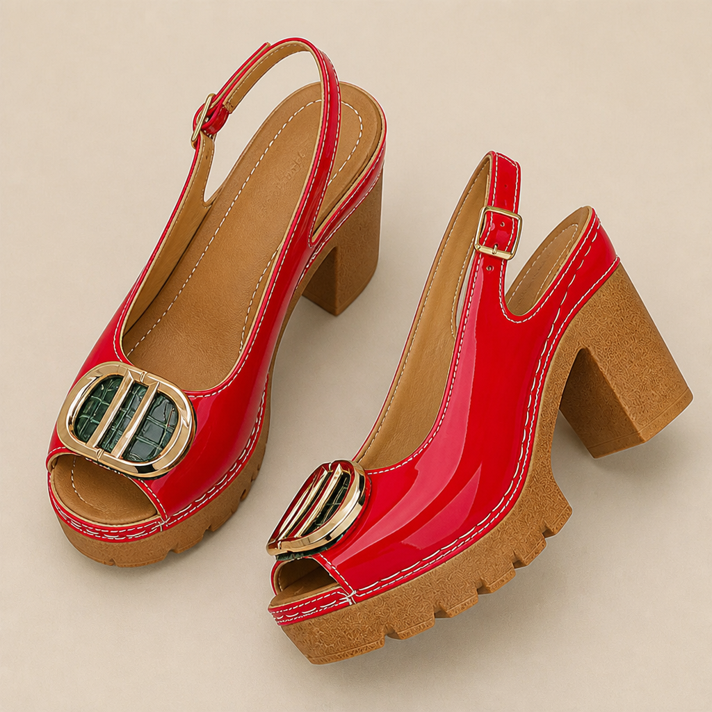VivaStride – Patent Peep-Toe Block Heel Sandals with Statement Gold Buckle - Souliia