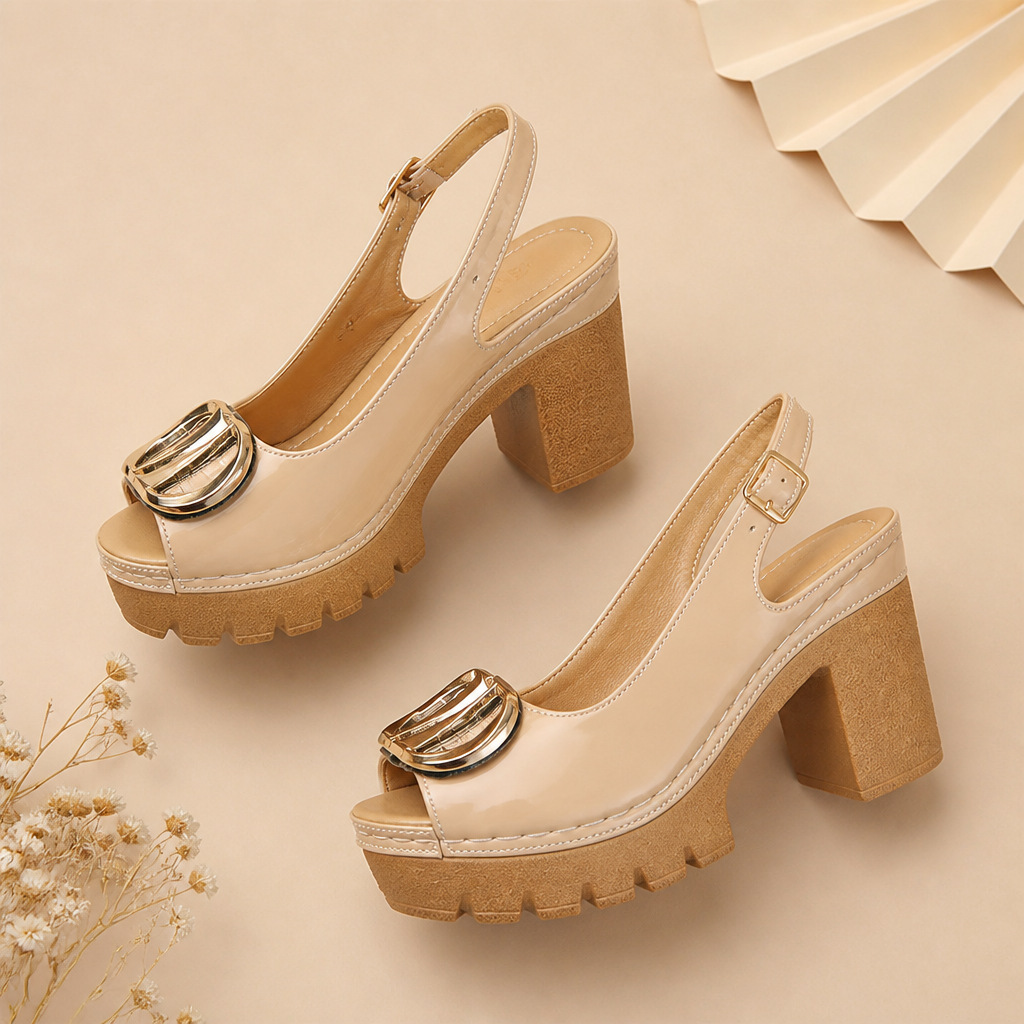 VivaStride – Patent Peep-Toe Block Heel Sandals with Statement Gold Buckle - Souliia