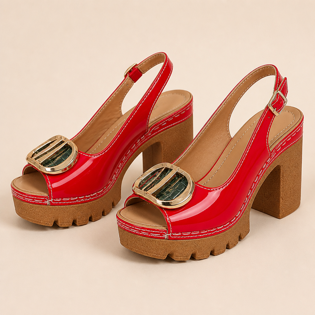 VivaStride – Patent Peep-Toe Block Heel Sandals with Statement Gold Buckle - Souliia