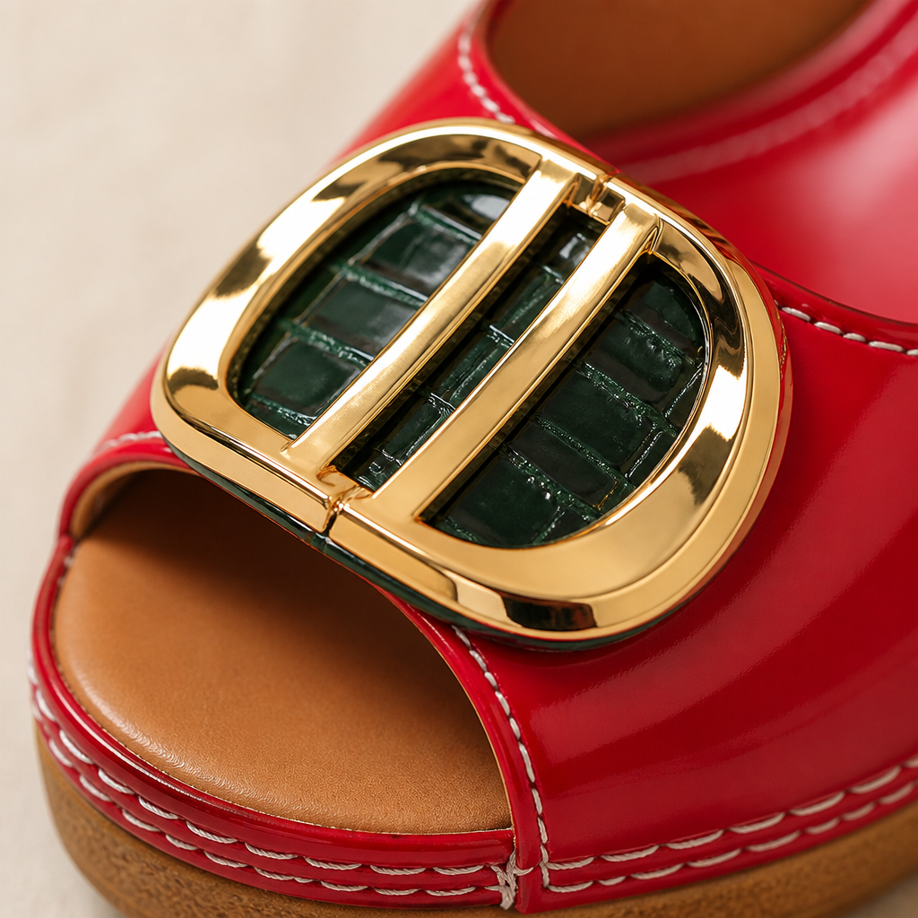 VivaStride – Patent Peep-Toe Block Heel Sandals with Statement Gold Buckle - Souliia