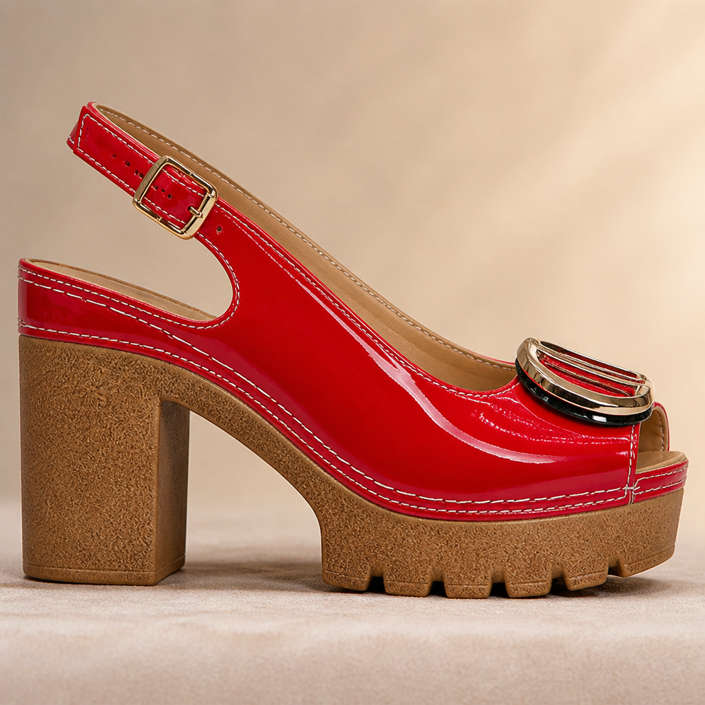 VivaStride – Patent Peep-Toe Block Heel Sandals with Statement Gold Buckle - Souliia