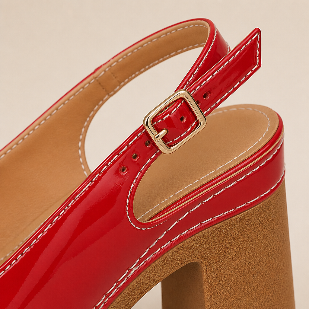 VivaStride – Patent Peep-Toe Block Heel Sandals with Statement Gold Buckle - Souliia