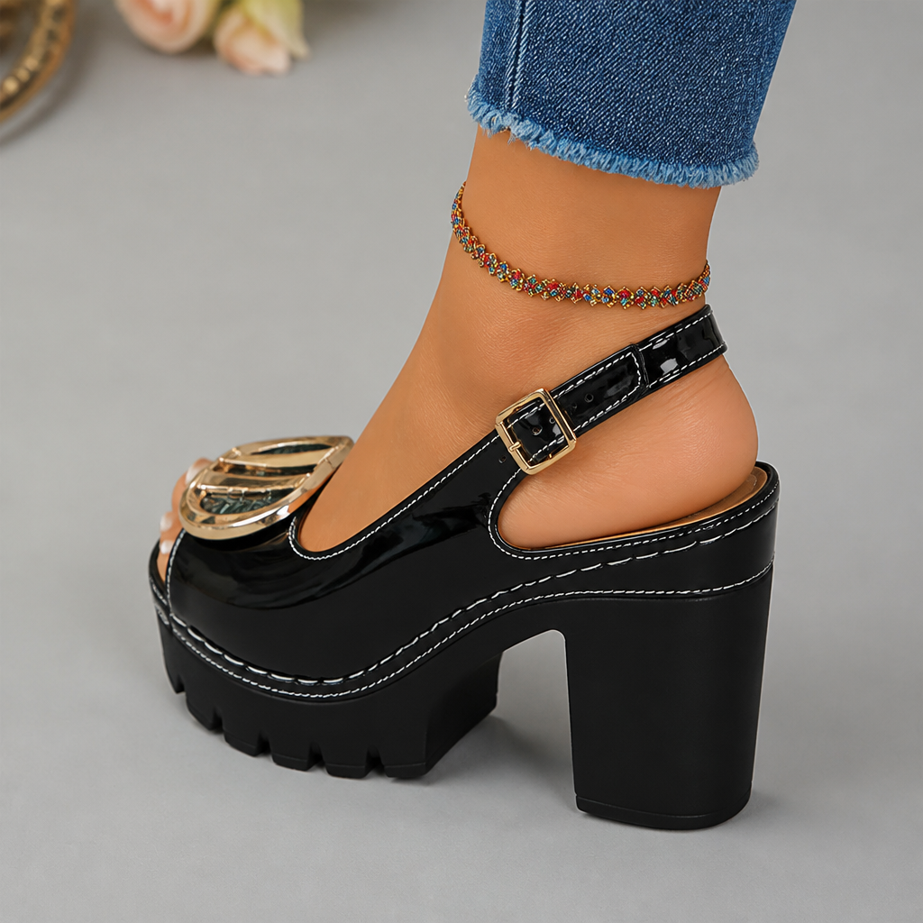 VivaStride – Patent Peep-Toe Block Heel Sandals with Statement Gold Buckle - Souliia