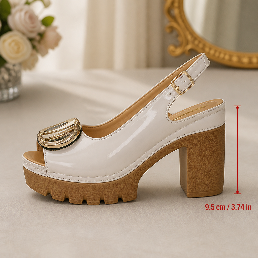 VivaStride – Patent Peep-Toe Block Heel Sandals with Statement Gold Buckle - Souliia